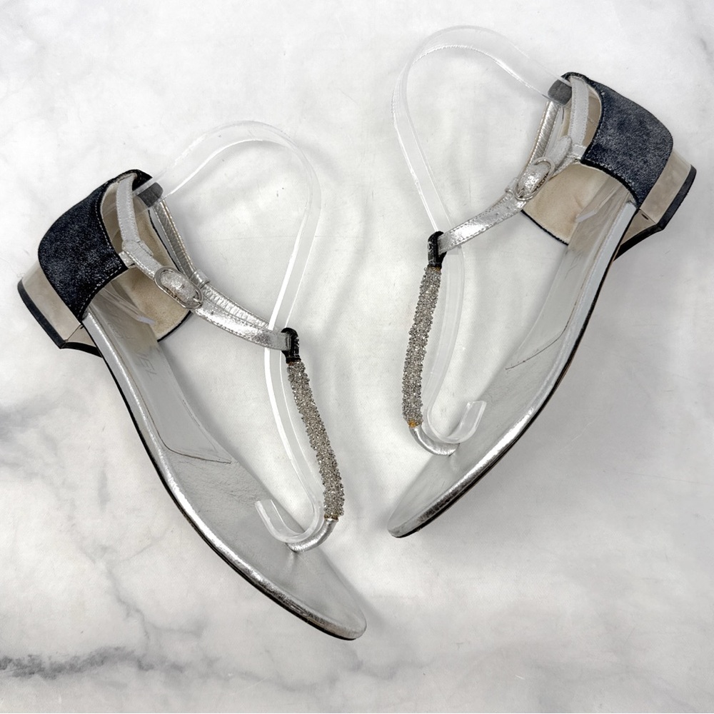 CHANEL Vintage Y2K CC Coco Mark Leather Flat Mirror Heel Sandal Shoes Metallic - Picture 6 of 14